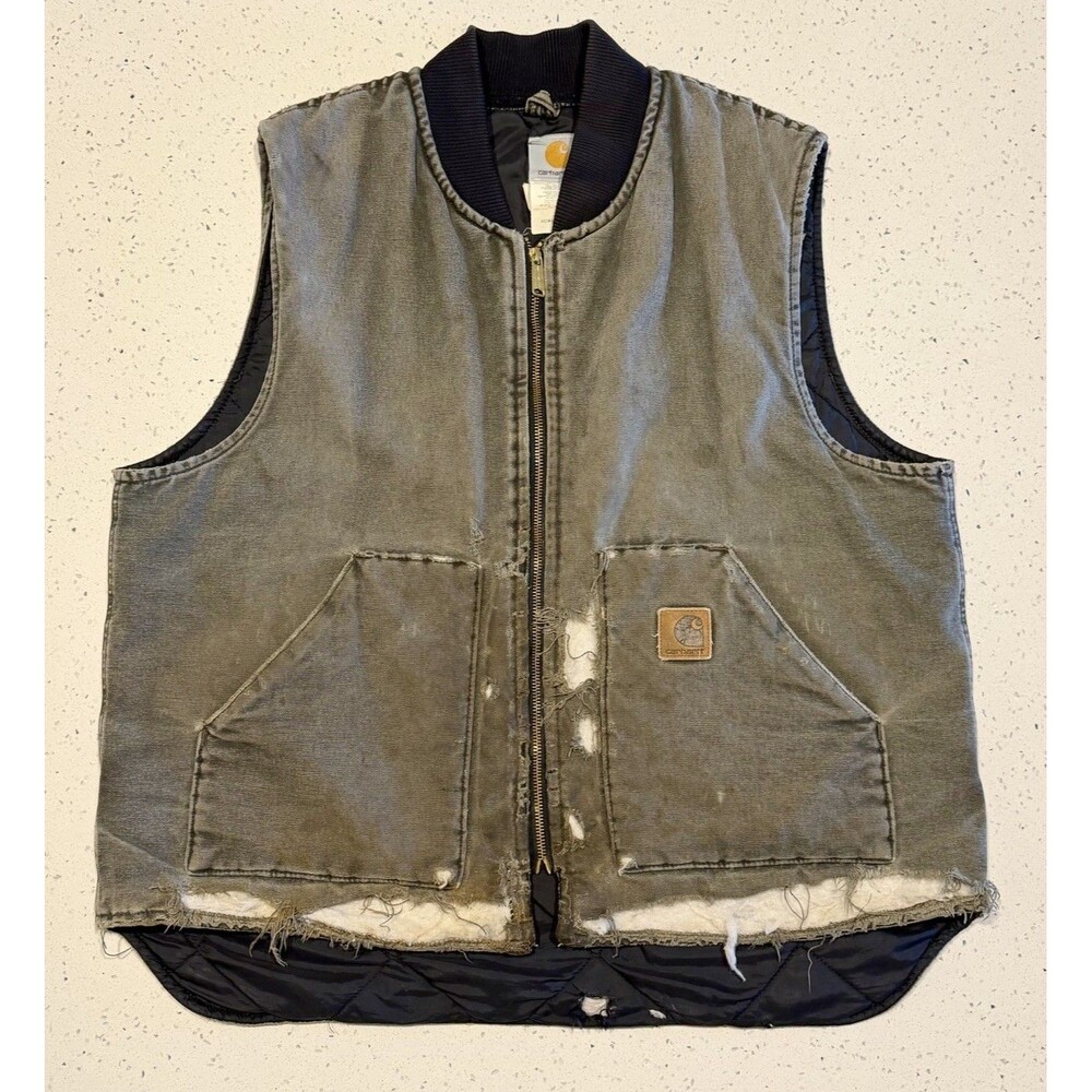 VTG Carhartt Vest V02 MOS Mens XL USA MADE Duck Canvas Quilt Distressed Thrashed